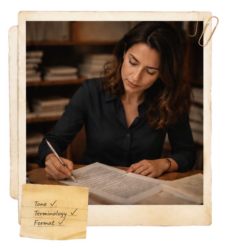A translator reviewing a printed document at her desk