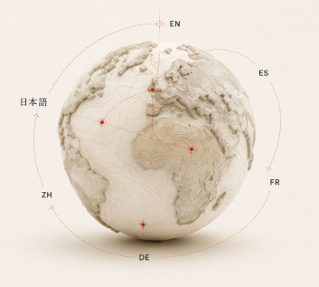 Illustrated globe marking translation destinations including English, Spanish, French, German, Chinese and Japanese