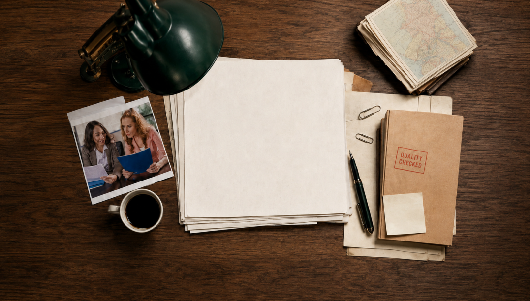 A desk with translation reference materials, a coffee and a quality-checked stamp