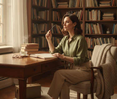 A translator reading against the original at her desk